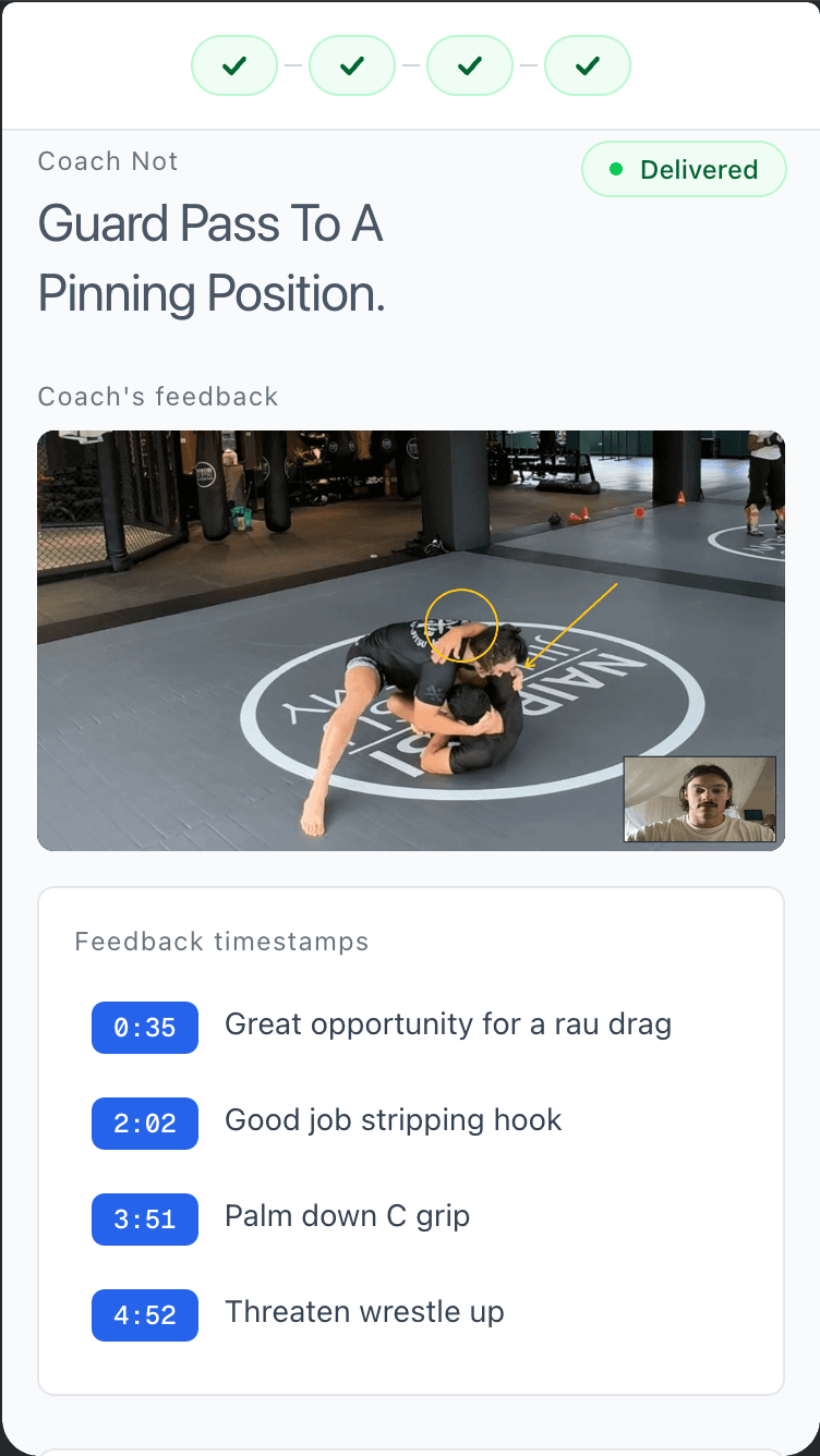 Timestamped coach feedback shown on a phone